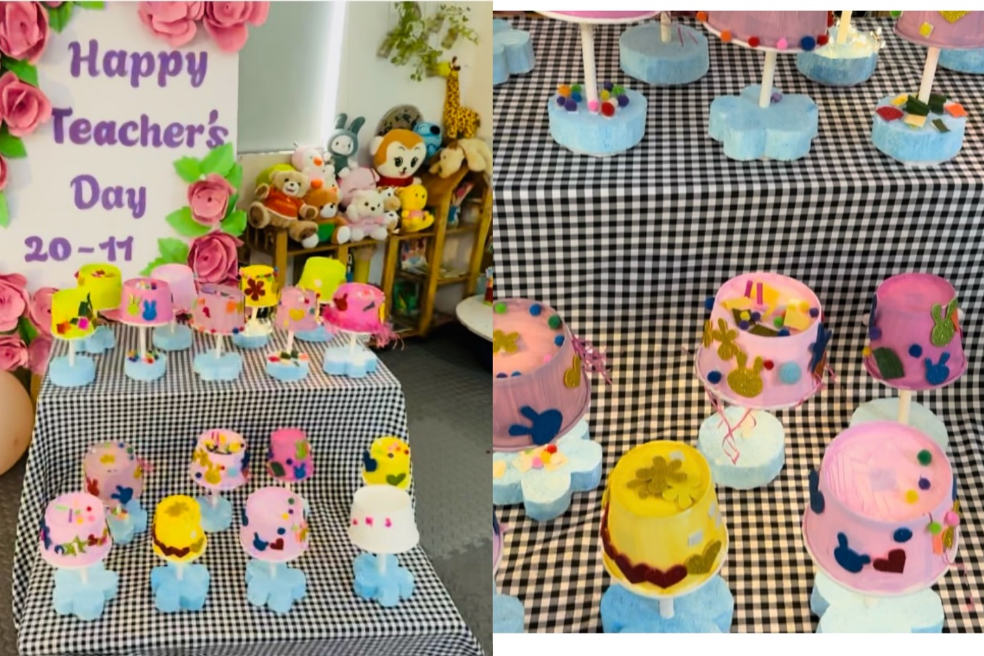 A table with cakes and stuffed animals

AI-generated content may be incorrect.